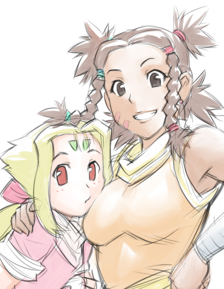 2girls blonde_hair braid breasts brown_eyes brown_hair dark_skin dark-skinned_female facial_mark fiona_(zoids) forehead_mark hair_ribbon long_hair looking_at_viewer medium_hair moonbay multiple_girls open_mouth ponytail red_eyes ribbon simple_background smile twin_braids ueyama_michirou white_background zoids zoids_chaotic_century