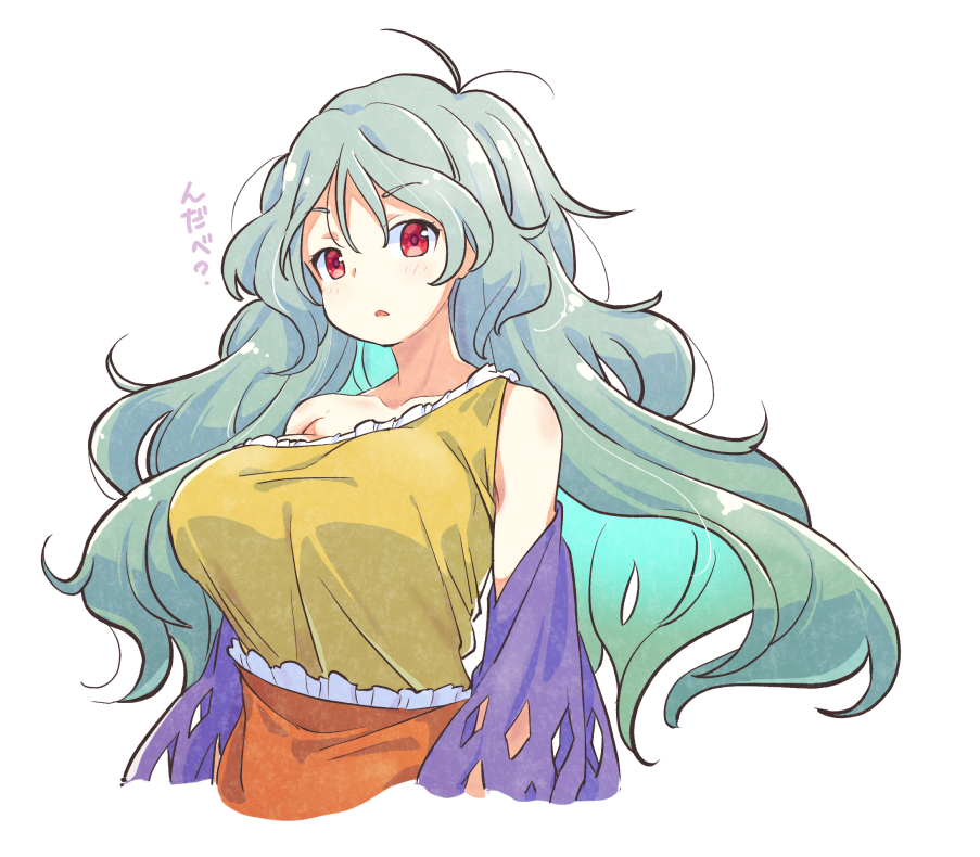 1girl breasts cropped_torso dress grey_hair large_breasts long_hair looking_at_viewer multicolored_dress orange_dress parted_lips red_eyes sakata_nemuno simple_background single-shoulder_dress solo tanasuke touhou white_background yellow_dress
