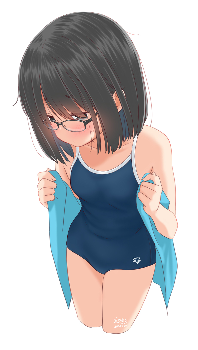 1girl arena_(company) artist_name bare_shoulders black_hair blue_one-piece_swimsuit blush bob_cut closed_mouth collarbone competition_school_swimsuit cropped_legs dated dot_mouth embarrassed from_above glasses highres holding holding_towel looking_down looking_to_the_side one-piece_swimsuit open_towel original retsumaru school_swimsuit short_hair sidelocks signature simple_background standing sweat swimsuit towel white_background