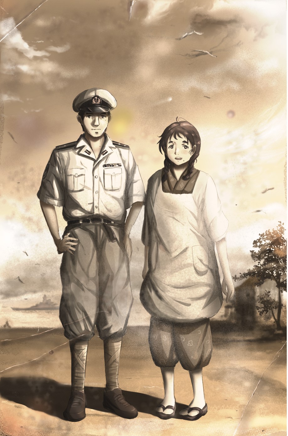 1boy 1girl apron arm_at_side belt bird blurry blurry_background boat creatrail day greyscale hand_on_own_hip hat hetero highres kappougi looking_at_viewer military_hat mole mole_under_mouth monochrome navy outdoors pocket sandals shadow shirt short_sleeves shouwa socks tree watercraft white_shirt white_socks zouri