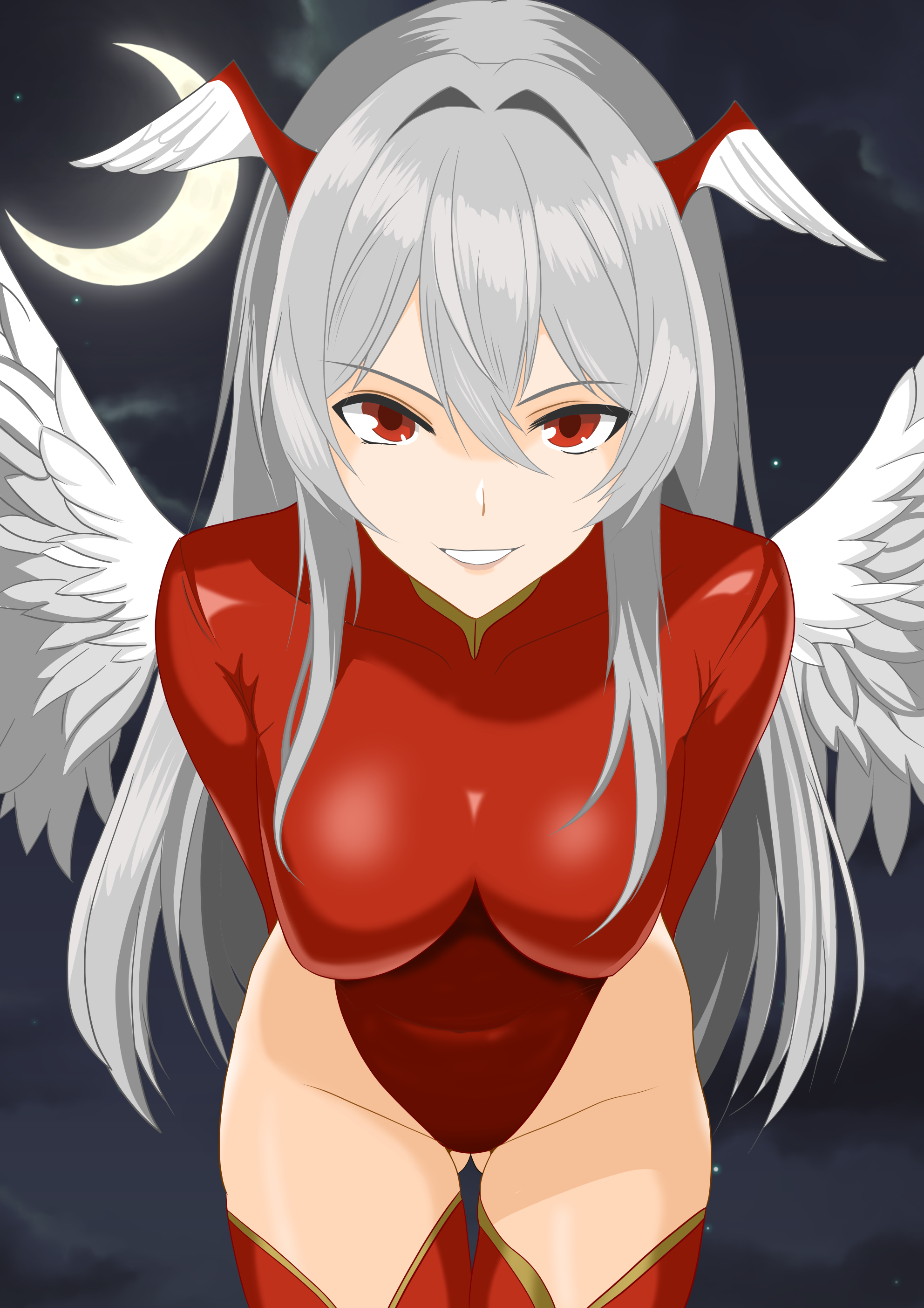 absurdres angel angel_wings arms_behind_back boots breasts commentary_request crescent_moon final_fantasy final_fantasy_tactics gluteal_fold grey_hair hair_between_eyes head_wings highres large_breasts leaning_forward leotard long_hair looking_at_viewer moon red_eyes red_leotard red_thighhighs sleeved_leotard smile thigh_boots thighhighs ultima_(fft) very_long_hair white_wings wings yuuyuu_(3jjbn)