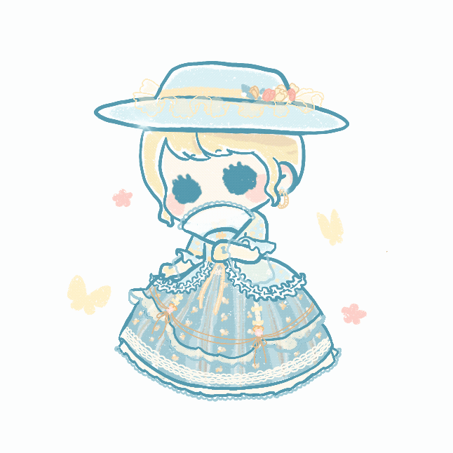 1girl :o animated animated_gif blonde_hair blue_bow blue_dress blue_eyes blue_hat blunt_bangs blush_stickers bow bug butterfly chibi dress expressionless eyelashes fanning_self floral_print flower frilled_dress frilled_gloves frilled_headwear frilled_sleeves frills garden_afternoon_(shining_nikki) gloves gown hat hat_flower insect lace lace-trimmed_dress lace_trim long_dress looping_animation nikki_(series) parted_lips pink_flower reminiscence_of_flower_(shining_nikki) ribbon-trimmed_dress ribbon_trim shining_nikki short_hair short_sleeves simple_background solid_circle_eyes solo sun_hat updo white_background white_flower wrist_bow xiaoyu_qixing yellow_butterfly yellow_flower yellow_gloves