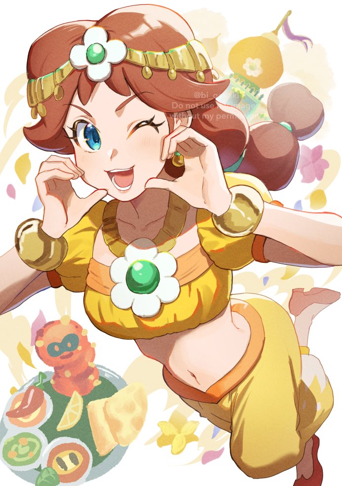 12_hnt blue_eyes bracelet brooch brown_hair circlet crop_top flower_brooch gold_bracelet harem_pants jewelry mario_(series) mario_kart mario_kart_world navel nintendo one_eye_closed open_mouth pants princess_daisy princess_daisy_(oasis) yellow_pants