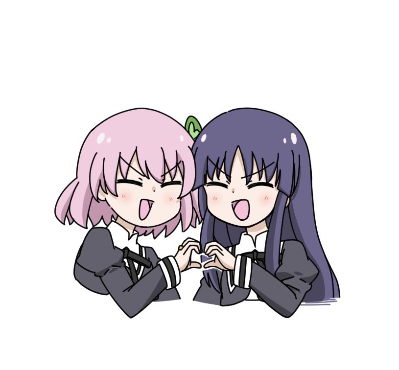 2girls :d ^_^ arm_at_side assault_lily black_ribbon blush closed_eyes clover_hair_ornament commentary_request cropped_jacket cropped_torso hair_ornament hand_up heart heart_hands heart_hands_duo hitotsuyanagi_riri jewelry juliet_sleeves long_hair long_sleeves multiple_girls neck_ribbon open_mouth pink_hair puffy_sleeves purple_hair ribbon ring school_uniform shirai_yuyu sidelocks simple_background smile unu_(yayoinoasagohan) upper_body v-shaped_eyebrows white_background yurigaoka_girls_academy_school_uniform