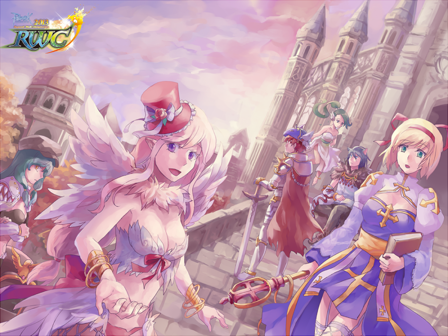 2013 2boys 4girls animal_ears arch_bishop_(ragnarok_online) argyle_clothes argyle_shirt armor armored_boots back_bow bangle bikini blonde_hair blue_dress blue_sky blush book boots bow bracelet bracer breasts cape cat_boy cat_ears church cleavage cleavage_cutout closed_mouth clothing_cutout cloud commentary_request cowboy_shot cross detached_sleeves dillsien dress feather_trim feathered_wings fur_collar genetic_(ragnarok_online) green_hair hair_ribbon hairband hat holding holding_book holding_staff holding_sword holding_weapon jewelry juliet_sleeves large_bow long_hair long_sleeves looking_at_viewer medium_breasts multiple_boys multiple_girls open_mouth outdoors pauldrons pink_hair pink_sky pointy_ears puffy_sleeves purple_eyes ragnarok_online red_bow red_cape red_hairband red_hat red_ribbon ribbon rune_knight_(ragnarok_online) sash shirt short_hair shoulder_armor sitting sitting_on_stairs sky smile sorcerer_(ragnarok_online) spiked_pauldrons staff stairs standing sunrise swimsuit sword thighhighs top_hat two-tone_dress upper_body ventus_(ragnarok_online) wanderer_(ragnarok_online) weapon white_bikini white_dress white_shirt white_sleeves white_thighhighs white_wings wings yellow_eyes yellow_sash
