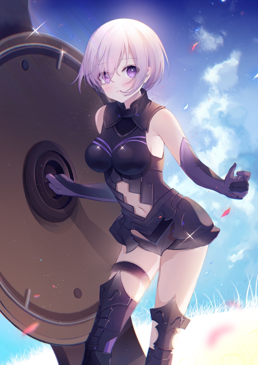 1girl armored_boots armored_leotard black_boots black_leotard boots breasts breasts_apart clothing_cutout elbow_gloves eyes_visible_through_hair fate/grand_order fate_(series) female_focus gloves hair_between_eyes holding holding_shield leotard mash_kyrielight mash_kyrielight_(demi-servant) medium_breasts midriff navel purple_eyes purple_gloves shield short_hair silver_hair solo sparkle standing stomach stomach_cutout thigh_boots thigh_strap thighhighs weizhi