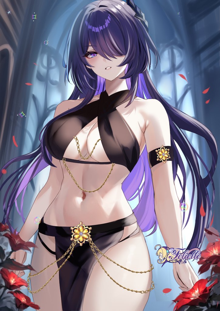 1girl acheron_(honkai:_star_rail) alternate_costume arm_strap armpit_crease artist_logo bare_shoulders blush breasts chain commentary commission cowboy_shot criss-cross_straps diamond-shaped_pupils diamond_(shape) felielle flower hair_intakes hair_ornament hair_over_one_eye honkai:_star_rail honkai_(series) large_breasts logo long_hair looking_at_viewer multicolored_hair navel parted_lips pelvic_curtain purple_eyes purple_hair red_flower red_petals revision solo standing stomach streaked_hair symbol-shaped_pupils yomorio_lingerie