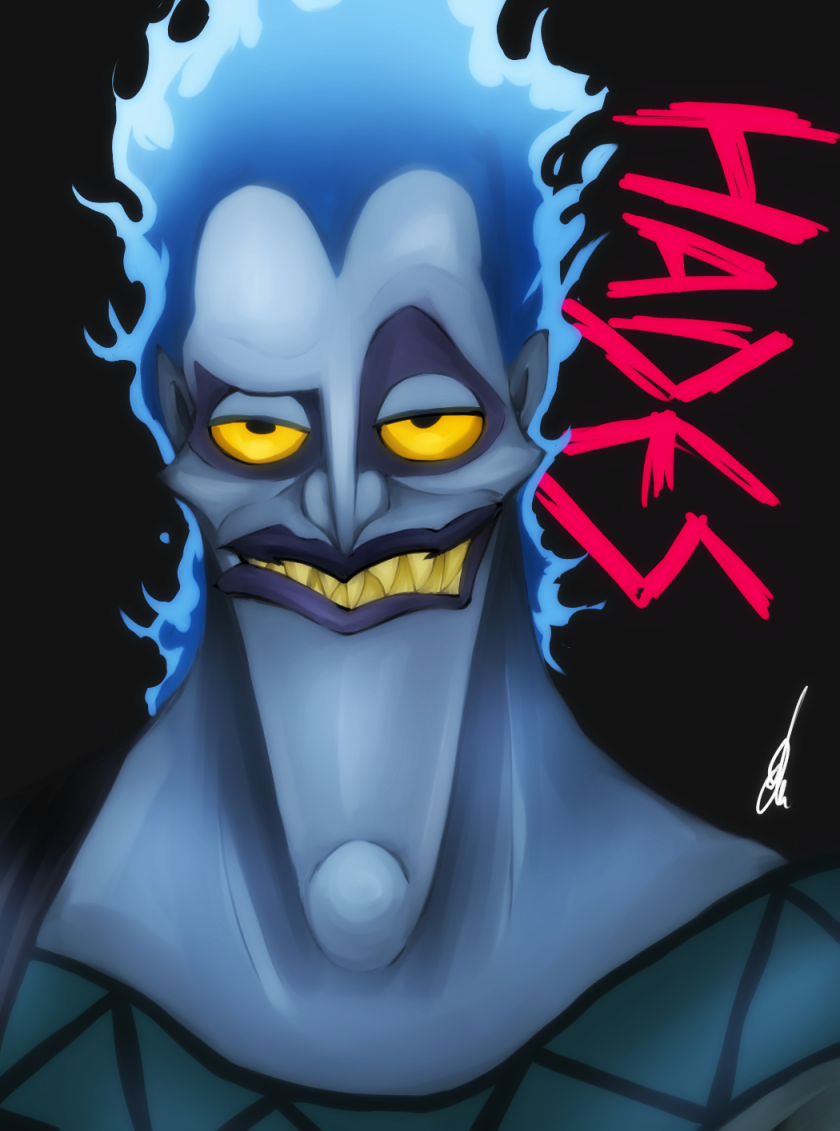 1boy ancient_greek_clothes blue_hair colored_skin fiery_hair fire greco-roman_clothes hades_(disney) hercules_(1997_movie) long_hair looking_at_viewer male_focus okoge1138 sharp_teeth simple_background smile teeth toon_(style) upper_body yellow_eyes