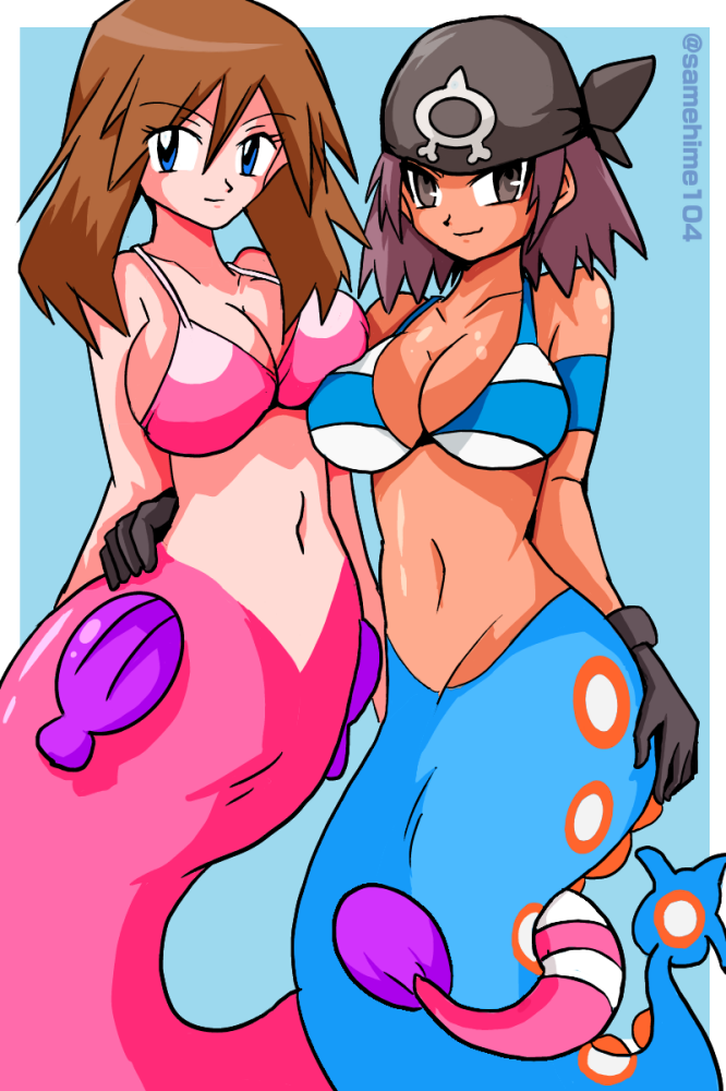 2girls bandana black_bandana blue_tail breasts brown_hair cleavage large_breasts may_(pokemon) mermaid monster_girl multiple_girls nintendo pink_tail pokemon pokemon_oras pokemon_rse team_aqua team_aqua_grunt team_aqua_grunt_(female)