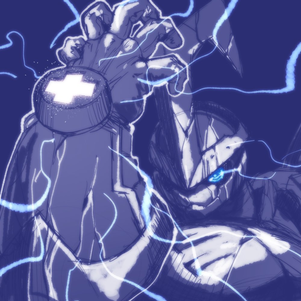 1boy blitzmon blue_background blue_theme digimon digimon_(creature) digimon_frontier electricity gerusyu glowing glowing_eyes greyscale horns male_focus monochrome single_horn solo upper_body