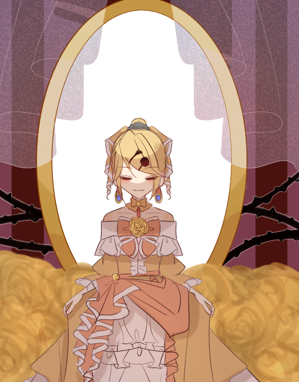 1girl aku_no_musume_(vocaloid) bare_shoulders blonde_hair bow brooch choker closed_eyes closed_mouth collarbone curtains dress dress_bow dress_flower dress_ribbon earrings evillious_nendaiki flower four_mirrors_of_lucifenia frilled_dress frilled_sleeves frills hair_bow hair_ornament hairclip high_ponytail jewelry kagamine_rin mirror off-shoulder_dress off_shoulder orange_bow pale_skin petticoat ponytail puge_(r_neko_12) riliane_lucifen_d&#039;autriche rose skirt_hold smile solo swept_bangs thorns updo vocaloid wide_sleeves yellow_bow yellow_choker yellow_dress yellow_flower yellow_rose