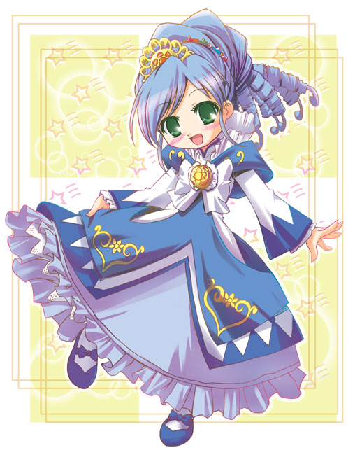 00s 1girl blue_hair blush clothes_lift dress dress_lift drill_hair female_focus frills fushigiboshi_no_futago_hime gown green_eyes happy head_tilt heart leg_lift long_sleeves open_mouth ponytail princess q-gaku rein_(futagohime) rein_(prominence_dress_up)_(futagohime) ringlets shoes skirt_hold solo star_(symbol) tiara