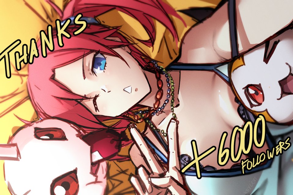 bare_shoulders blue_camisole blue_eyes breasts camisole cleavage digimon digimon_story:_cyber_sleuth english_text keyliom koromon large_breasts lying medium_hair on_back one_eye_closed red_eyes red_hair selfie shiramine_nokia sketch thank_you tunomon v