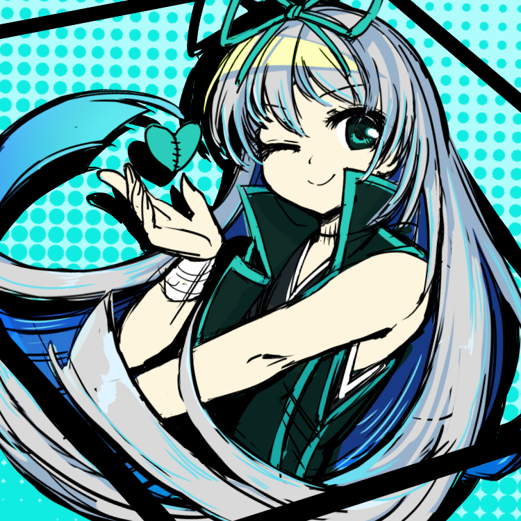 1girl ;) anmita_(rarutos) bandaged_wrist bandages black_shirt closed_mouth green_eyes green_jacket green_ribbon grey_hair hair_ribbon heart hitotachi_ten infinite_blade_pavilion jacket long_hair one_eye_closed open_clothes open_jacket original ribbon scar scar_on_neck shirt sketch sleeveless sleeveless_jacket smile solo touhou