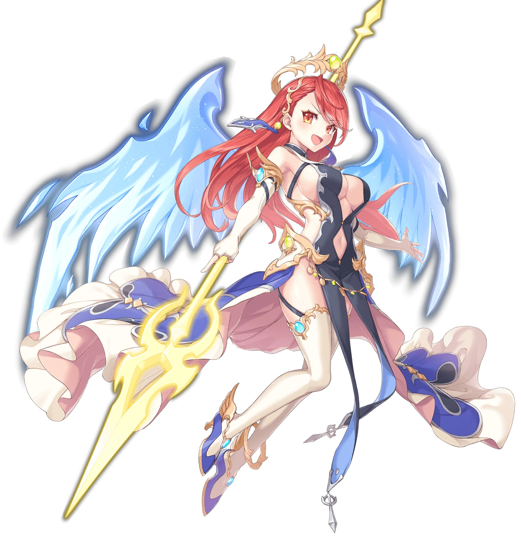 1girl artist_request bird breasts clothing_cutout crow full_body highres holding holding_polearm holding_weapon legend_clover long_hair navel navel_cutout nike_(legend_clover) official_art open_mouth polearm red_eyes red_hair revealing_clothes sideboob spear third-party_source transparent_background weapon wings