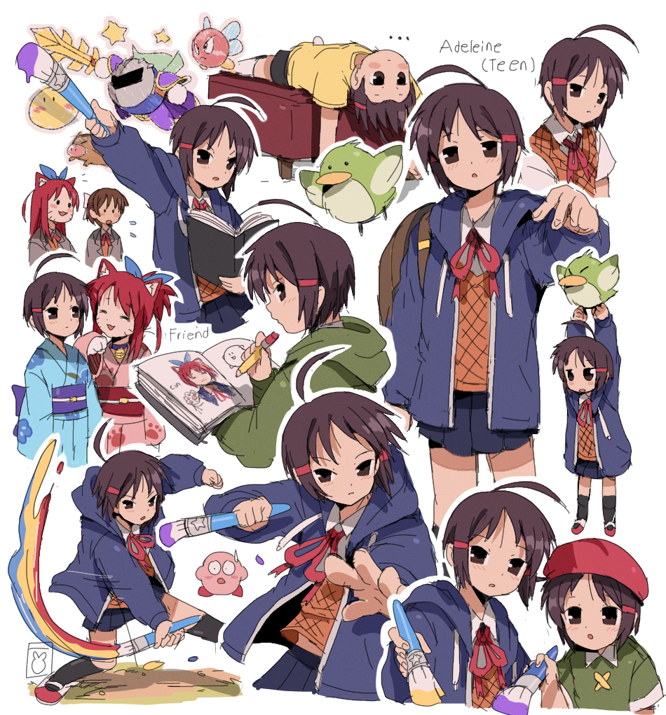... 3girls :o ^_^ adeleine ahoge animal_ear_fluff animal_ears arm_up armor arms_up backpack bag bendedede beret bird black_skirt black_socks blue_hoodie blue_kimono blush book borrowed_character bronto_burt brown_bag brown_eyes brown_hair brown_vest carrying cat_ears character_name closed_eyes closed_mouth collared_shirt commentary drawing drawstring english_commentary expressionless fighting_stance floral_print galaxia_(sword) green_shirt hair_ornament hairclip hand_up hat high_ponytail holding holding_book holding_paintbrush holding_pencil holding_sword holding_weapon hood hood_down hoodie japanese_clothes kimono kirby kirby_(series) long_sleeves looking_at_another looking_at_viewer lying mask meta_knight miniskirt multiple_girls multiple_views neck_ribbon nintendo nruff obi obijime on_back open_book open_clothes open_hoodie open_mouth original paint paintbrush parted_bangs pauldrons paw_print paw_print_pattern pencil pink_kimono pitch_(kirby) pleated_skirt ponytail print_kimono purple_sash red_hair red_headwear red_ribbon red_sash ribbon sash school_uniform serious shirt shoes short_hair short_sleeves shoulder_armor sidelocks simple_background skirt smile socks standing star_(symbol) sweatdrop sword upper_body v-shaped_eyebrows vest weapon whiskers white_background white_shirt wide-eyed wing_collar yellow_shirt