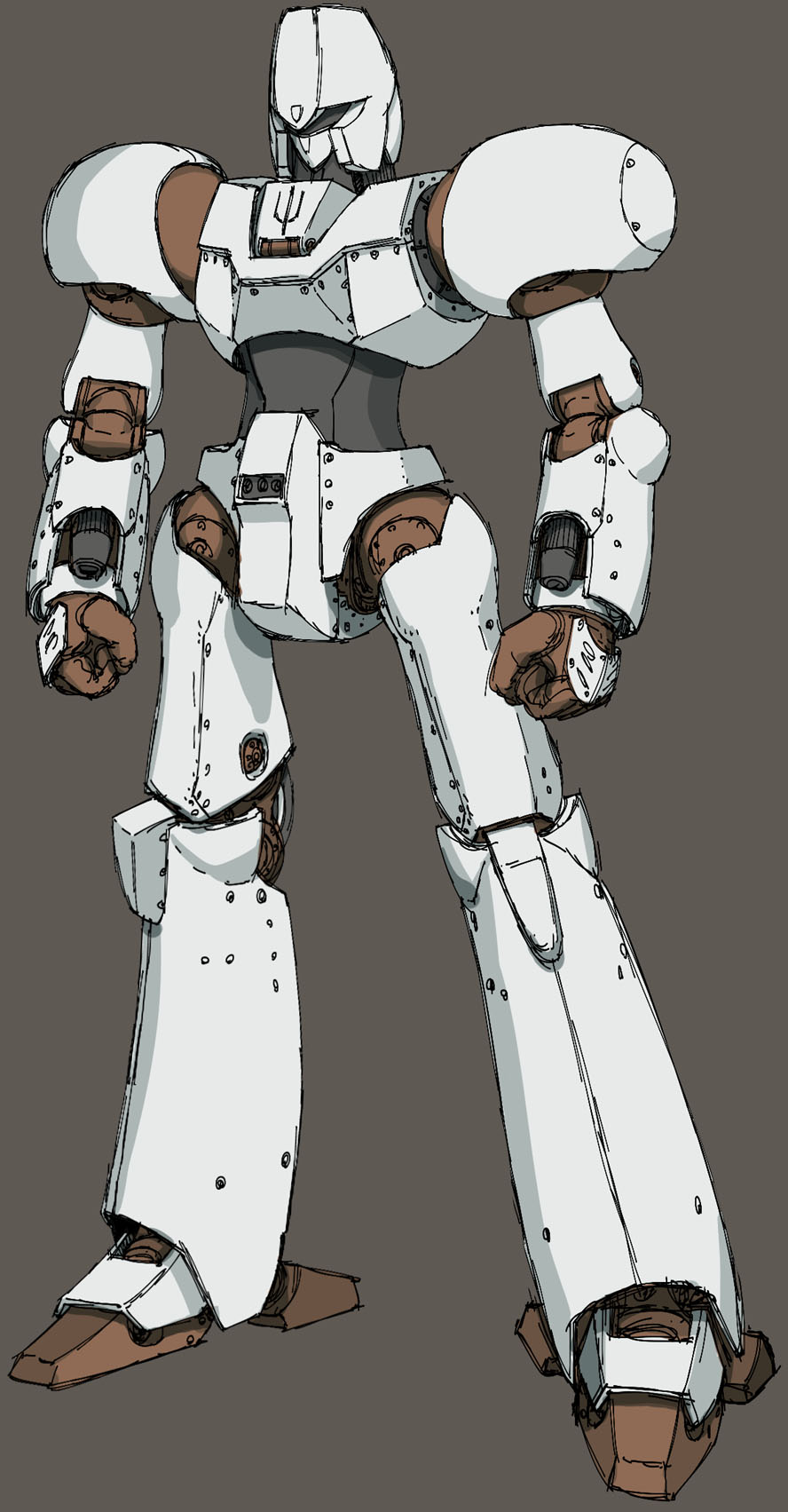 brown_background clenched_hands highres juusenki_l-gaim l-gaim looking_down mecha munya_(otikamohe) no_humans redesign robot science_fiction solo standing visor