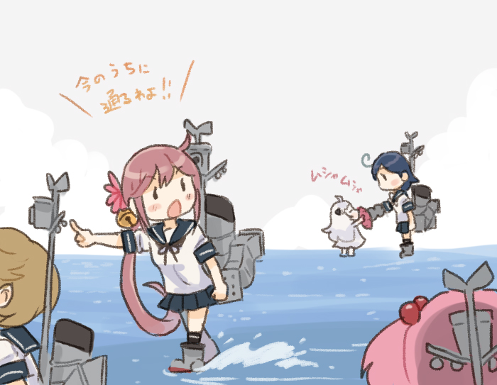 5girls abyssal_ship akebono_(kancolle) bell black_sailor_collar black_skirt commentary_request dress flower food full_body hair_bell hair_flower hair_ornament jingle_bell kantai_collection long_hair machinery multiple_girls northern_little_sister oboro_(kancolle) pleated_dress pointing purple_eyes purple_hair saiguchi_otoufu sailor_collar sazanami_(kancolle) school_uniform serafuku side_ponytail skirt smokestack sweet_potato ushio_(kancolle) very_long_hair walking walking_on_liquid water