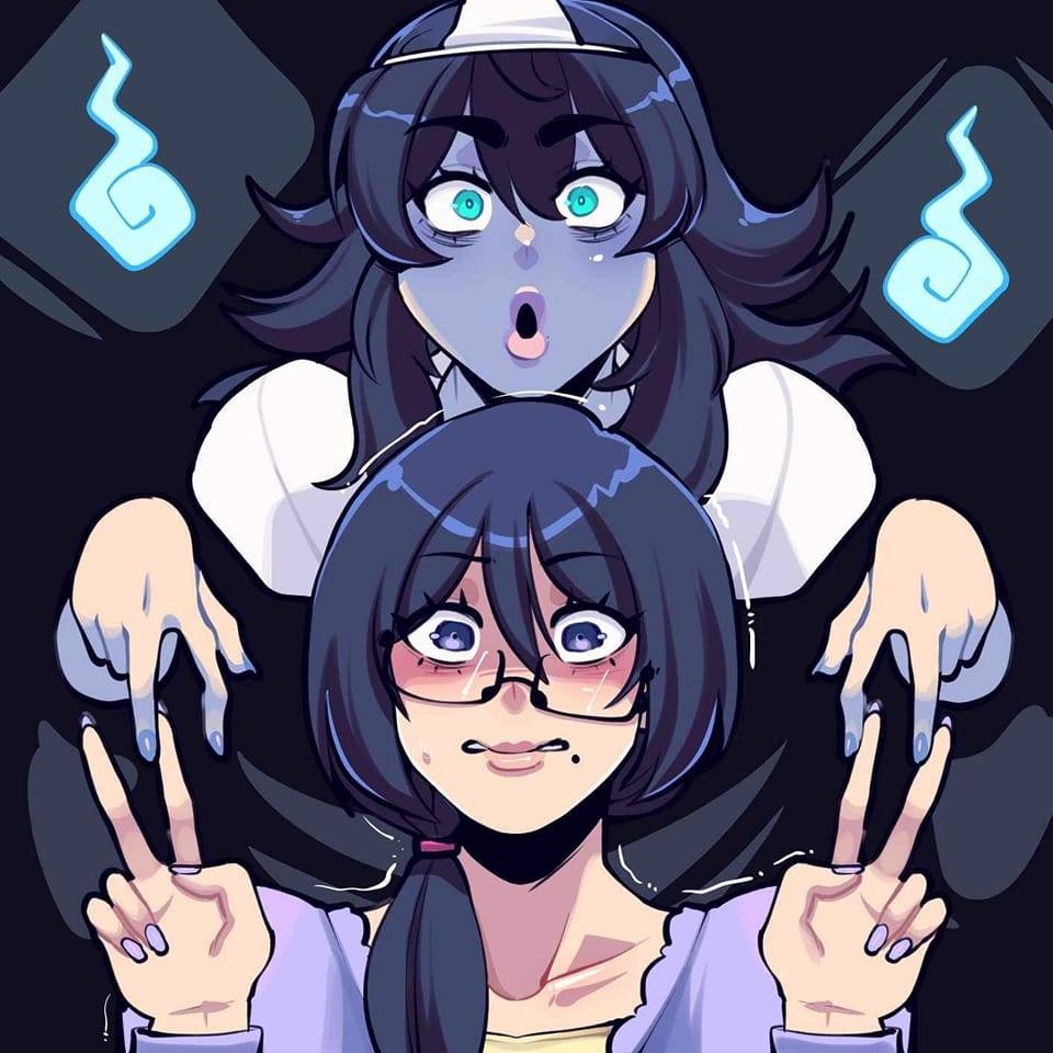 2girls aqua_eyes bags_under_eyes black_hair blue_fire borrowed_character butter_sugoi commentary double_v fire glasses grey_nails hair_over_shoulder mole mole_under_mouth multiple_girls original ponytail purple_eyes purple_nails second-party_source sweatdrop trembling triangular_headpiece v