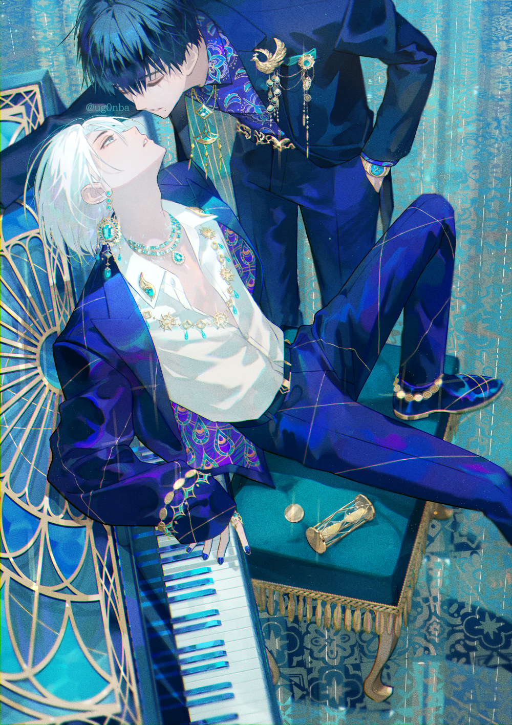 2boys bishounen black_hair blue_eyes blue_theme brooch closed_eyes collared_shirt commentary_request earrings hand_in_pocket highres instrument jacket jewelry keyboard_(instrument) leaning_forward male_focus multiple_boys nail_polish necklace on_chair open_clothes open_jacket original pale_skin parted_lips patterned_clothing shirt short_hair sitting standing twitter_username ugonba_(howatoro) white_hair white_shirt yaoi