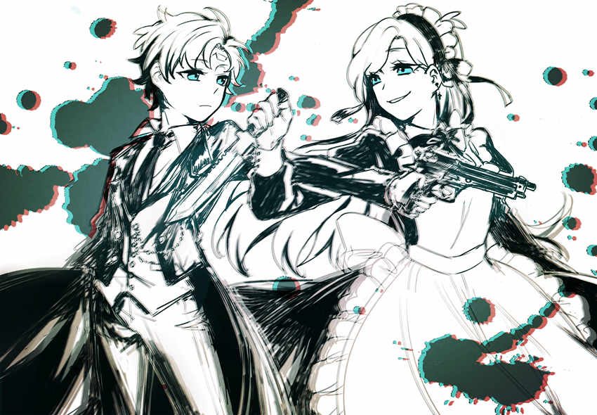 1boy 1girl aiming akikurokawa alternate_costume apron aqua_eyes beads blurry bow bowtie brother_and_sister butler chromatic_aberration coat collared_dress collared_shirt cowboy_shot cross cross_earrings dagger depth_of_field dipper_gleeful dipper_pines dress earrings enmaided eye_contact finger_on_trigger floating_hair formal_clothes frilled_apron frills frown gravity_falls gun hand_up handgun holding holding_dagger holding_gun holding_knife holding_weapon jewelry knife long_hair long_sleeves looking_at_another looking_away looking_to_the_side mabel_gleeful mabel_pines maid maid_apron maid_headdress monochrome necktie outstretched_arm pants reverse_falls_(gravity_falls) reverse_grip ribbon shirt short_hair siblings simple_background smirk splatter spot_color standing suit twins very_long_hair vest weapon