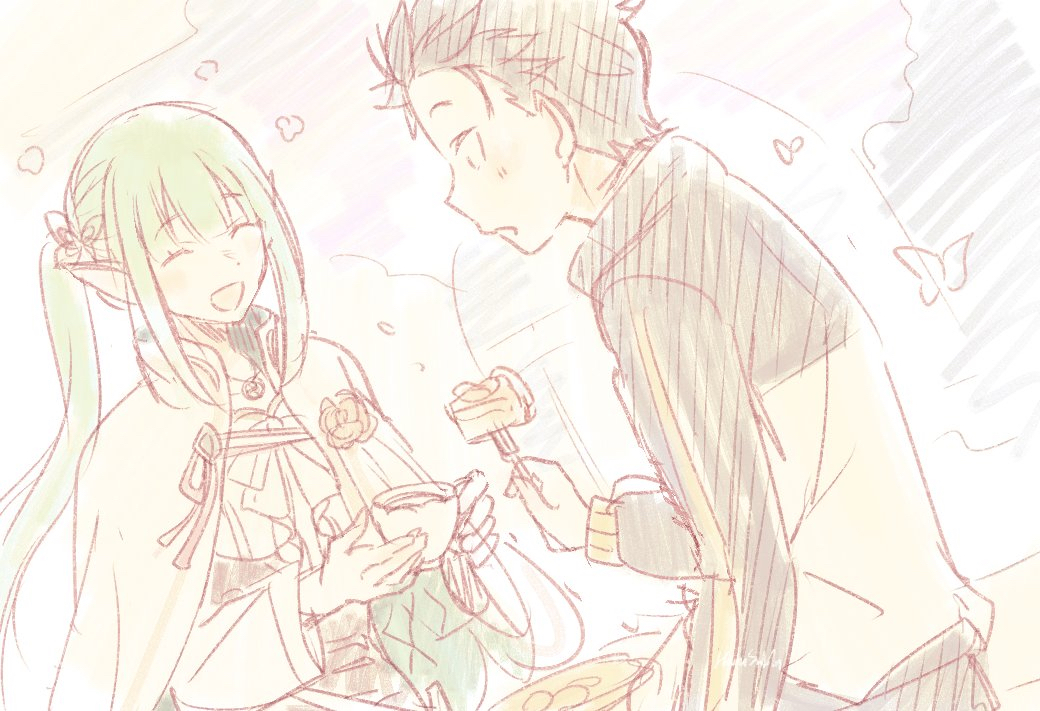 1boy 1girl bad_id bad_pixiv_id black_hair bug butterfly cake cake_slice closed_eyes cup elf flower food fork green_hair hair_ornament hair_slicked_back harusabin holding holding_cup holding_fork insect jacket long_hair long_sleeves looking_at_another natsuki_subaru open_mouth pointy_ears re:zero_kara_hajimeru_isekai_seikatsu re:zero_kara_hajimeru_isekai_seikatsu:_lost_in_memories shion_(re:zero) short_hair side_ponytail sketch smile tea track_jacket track_suit
