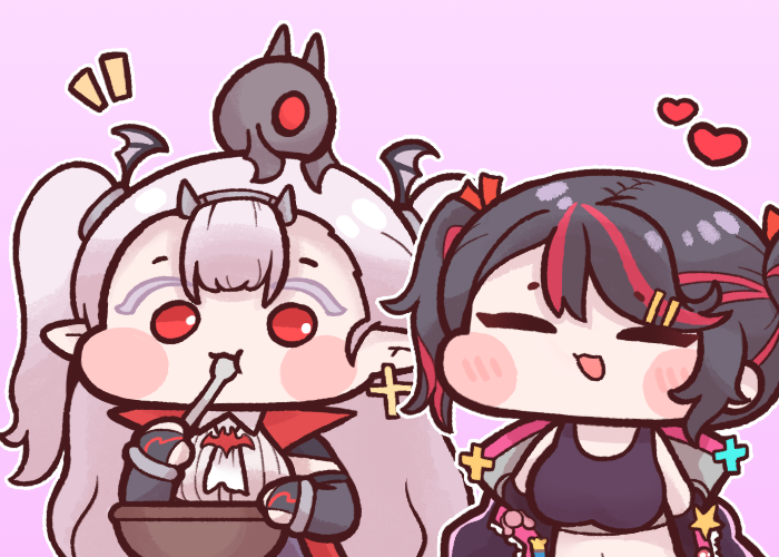 2girls :3 black_hair bowl bulga chibi crossover draculina_(last_origin) eating closed_eyes ariduka_formica heart last_origin multicolored_hair multiple_girls open_mouth pointy_ears red_eyes red_hair silver_hair streaked_hair twintails two_side_up virtual_ant_channel virtual_youtuber