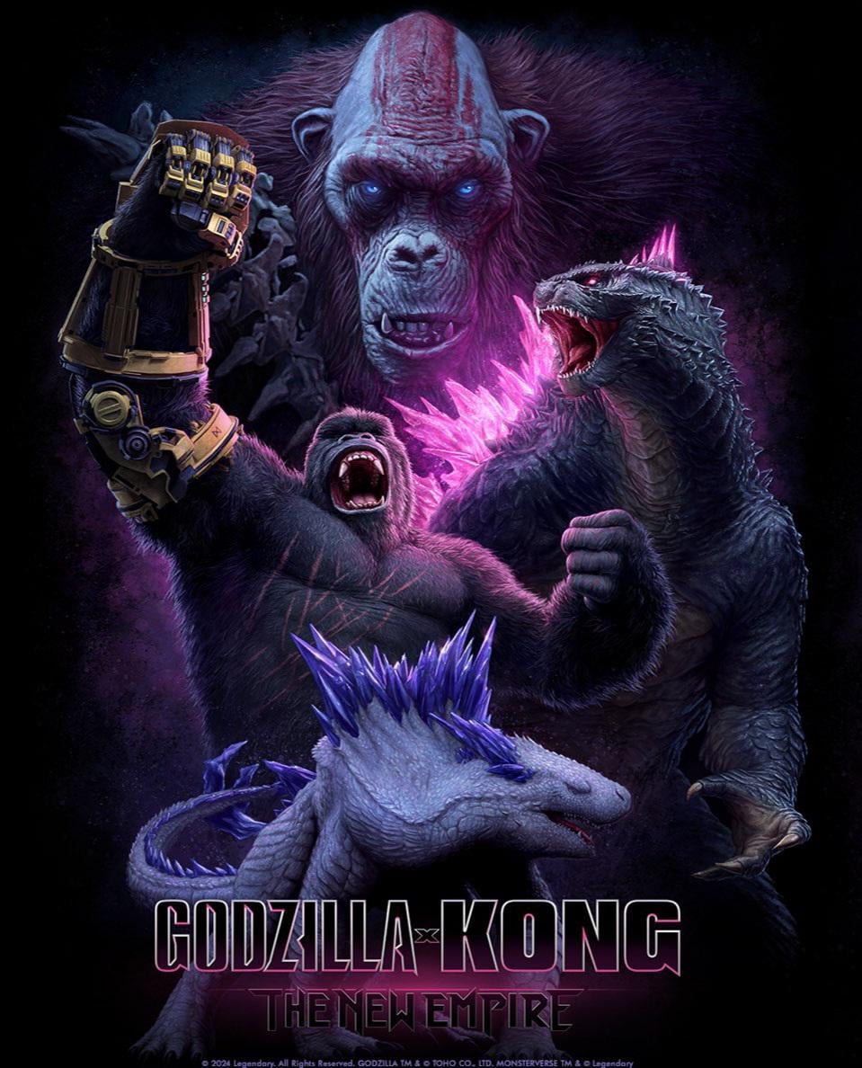 ape atomic_breath b.e.a.s.t._glove blue_eyes bone_weapon bone_whip claws clenched_hands crossover dinosaur electroshock_weapon english_text facepaint fangs gauntlets giant giant_monster glowing glowing_eyes glowing_spikes godzilla godzilla_(monsterverse) godzilla_(series) godzilla_evolved godzilla_x_kong:_the_new_empire gorilla kaiju king_kong king_kong_(series) legendary_pictures looking_at_viewer monster monsterverse no_humans no_pupils official_art open_mouth orangutan pectorals pink_eyes ribs roaring scar scar_across_eye scar_on_chest scar_on_face scar_on_stomach sharp_teeth shimo_(monsterverse) skar_king spiked_tail spikes spine tail teeth toho tongue war_paint weapon whip whip_sword whipslash yannick_bouchard
