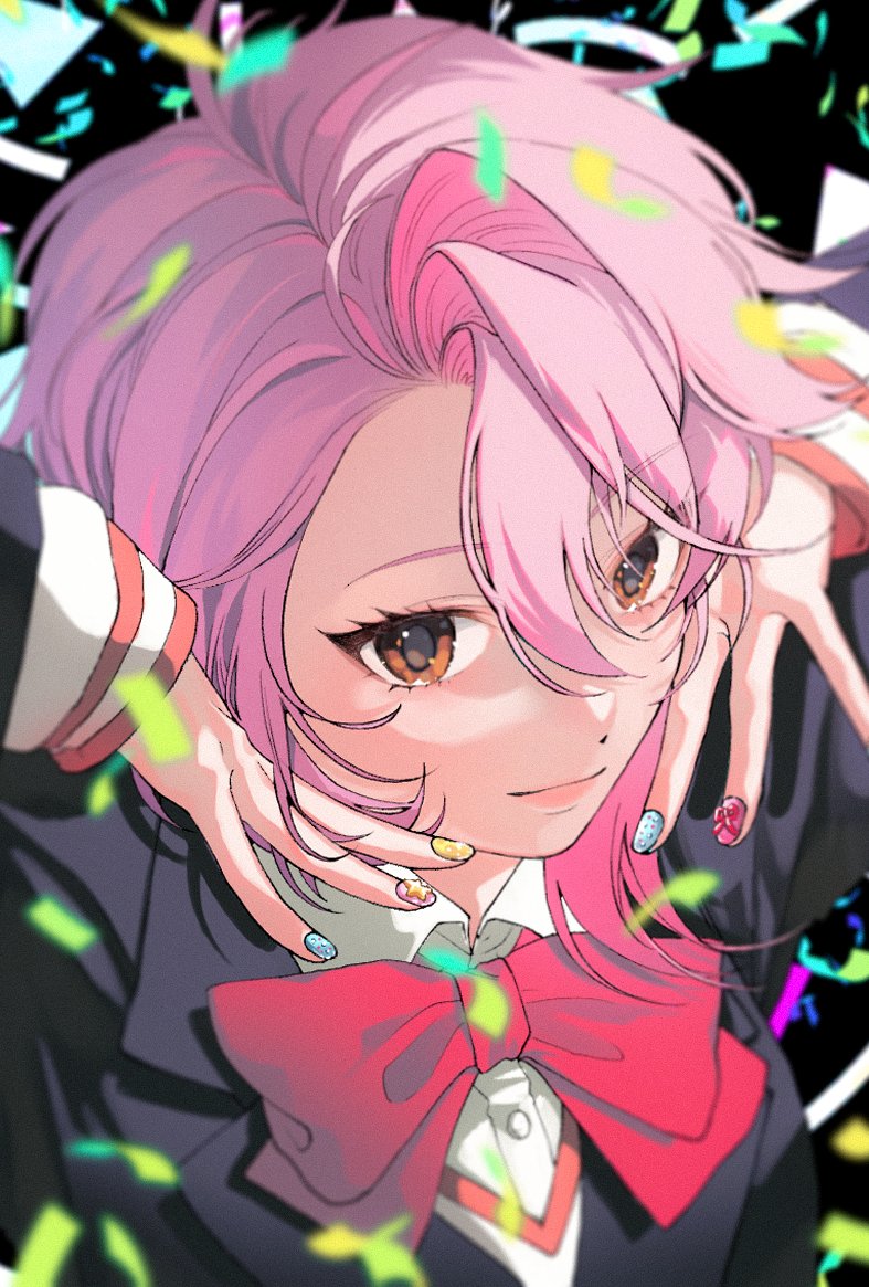 1girl benur blazer blue_jacket bow bowtie brown_eyes confetti dandadan fingernails jacket light_smile long_sleeves looking_at_viewer nail_polish pink_hair red_bow red_bowtie school_uniform shiratori_aira_(dandadan) shirt short_hair white_shirt