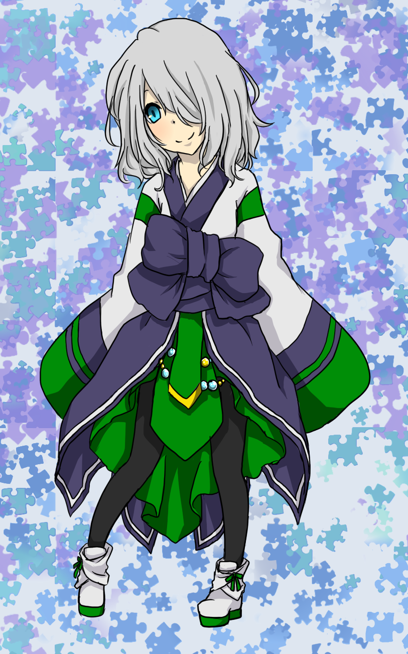 1girl alternate_color black_pantyhose blue_eyes blush boots bow closed_mouth commentary_request full_body green_skirt grey_background grey_hair hair_between_eyes hair_over_one_eye hanbok head_tilt highres korean_clothes long_bangs looking_at_viewer medium_hair meiko_(nattu303) pantyhose purple_bow puzzle_piece_background ragnarok_online shirt skirt sleeves_past_fingers sleeves_past_wrists smile solo soul_linker_(ragnarok_online) waist_bow white_boots white_shirt