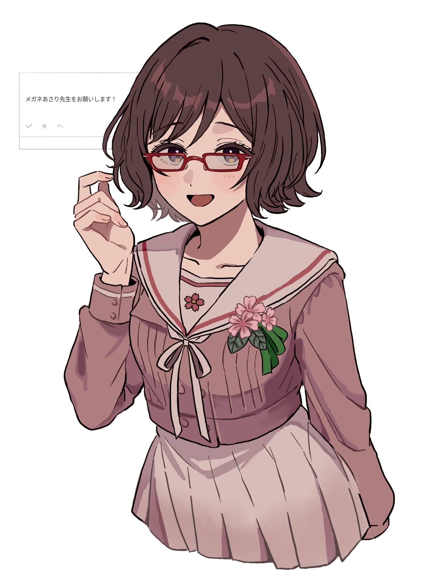 1girl blush brown_hair collarbone cropped_legs gakuen_idolmaster glasses highres idolmaster looking_at_viewer neck_ribbon neo_asari odaibako official_alternate_costume pink_serafuku pleated_skirt purple_eyes red-framed_eyewear ribbon sakura_photograph_(idolmaster) school_uniform serafuku short_hair simple_background skirt smile solo translation_request white_background white_ribbon yureru_300