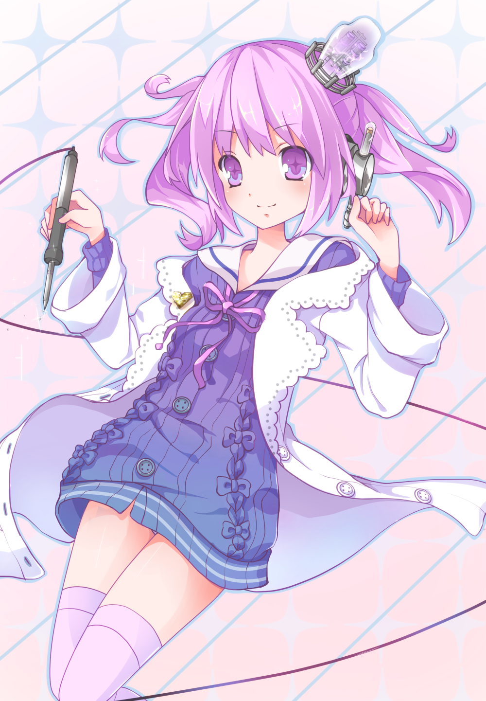 1girl dress female_focus fermi_(shinkukan_dolls) highres looking_at_viewer purple_eyes purple_hair purple_thighhighs ribbon sailor_collar sawara_(starligtvision) shinkukan_dolls smile soldering_iron solo sweater sweater_dress thighhighs vacuum_tube virtual_youtuber