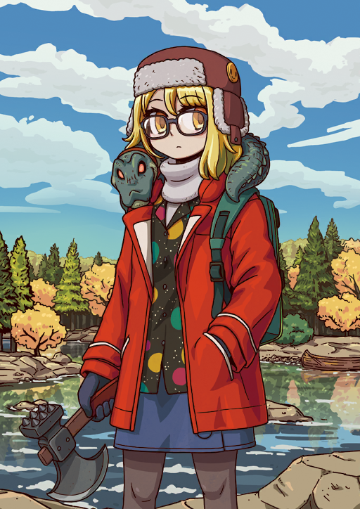 1girl alligator animal animal_on_shoulder arm_at_side axe backpack badge bag black-framed_eyewear black_gloves black_shirt blonde_hair blue_skirt blue_sky brown_hat brown_pantyhose button_badge buttons closed_mouth cloud coat crocodilian day expressionless fate/grand_order fate_(series) feet_out_of_frame fur-trimmed_headwear fur_trim game_cg glasses gloves green_bag hand_in_pocket hat holding holding_axe lapels long_sleeves looking_to_the_side mike_fink_(fate) nature notched_lapels official_art open_clothes open_coat orange_eyes outdoors pantyhose paul_bunyan_(fate) print_shirt red_coat river riyo_(lyomsnpmp) scarf shirt short_hair skirt sky solo standing sunlight super_bunyan_(fate) super_bunyan_(first_ascension)_(fate) third-party_source ushanka variant_set white_scarf