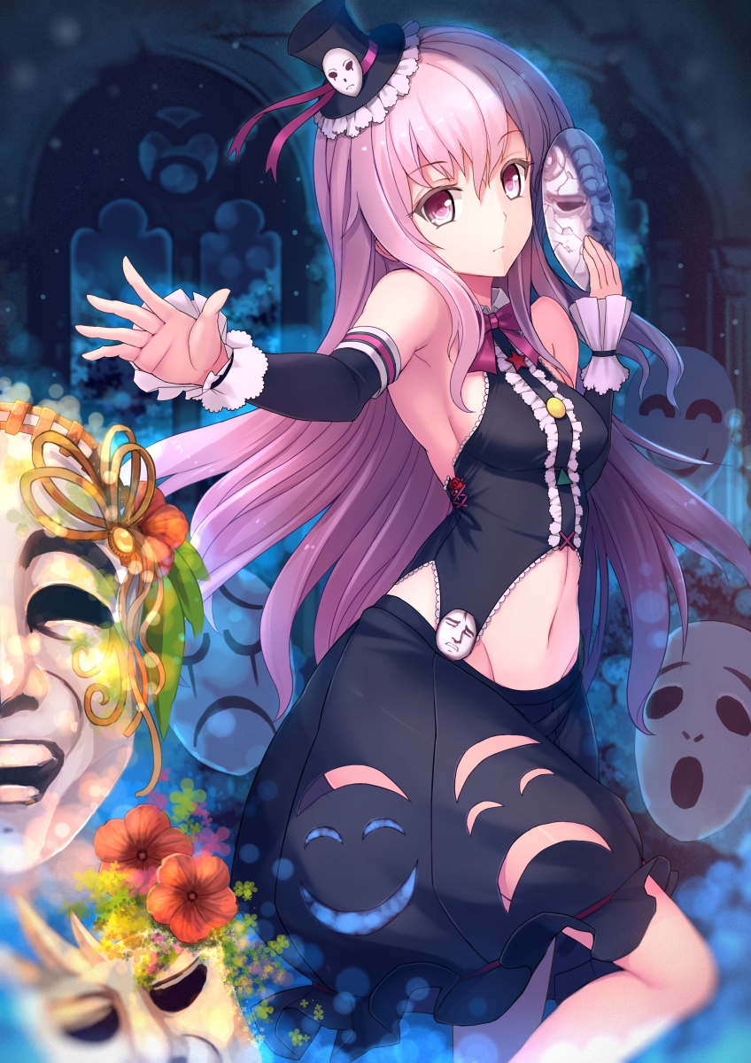 1girl alternate_costume armpits blush breasts bubble_skirt detached_sleeves expressionless female_focus hat hata_no_kokoro highres jojo_no_kimyou_na_bouken long_hair looking_at_viewer mask mini_hat mini_top_hat navel pink_eyes pink_hair sideboob skirt solo stone_mask_(jojo) takibi_(tamikyo) top_hat touhou yaranaika