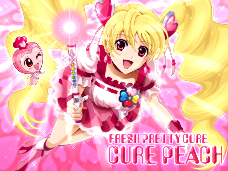 00s 1girl blonde_hair boots character_name choker copyright_name cure_peach earrings fresh_precure! hair_ornament heart heart_hair_ornament jewelry knee_boots long_hair magical_girl momozono_love open_mouth pink_boots pirun precure red_eyes sekken_kasu_barrier twintails very_long_hair wand wrist_cuffs