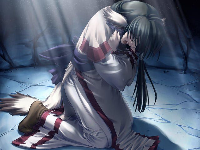 1girl amazuyu_tatsuki animal_ears dog_ears eruruu female_focus game_cg kneeling layered_sleeves leaf_(studio) official_art sad solo spoilers tears utawarerumono