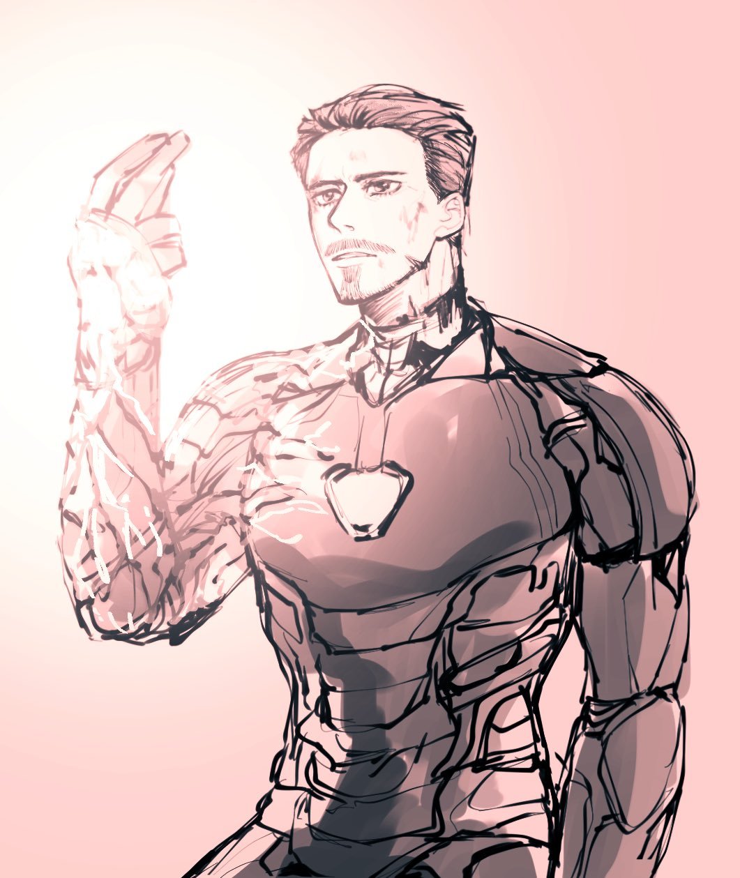 1boy animification arc_reactor armor avengers:_endgame avengers_(series) blood blood_on_face commentary english_commentary facial_hair full_armor hand_up highres infinity_gems iron_man light looking_to_the_side male_focus marvel marvel_cinematic_universe power_armor short_hair simple_background solo standing superhero_costume teeth tony_stark xxviolet