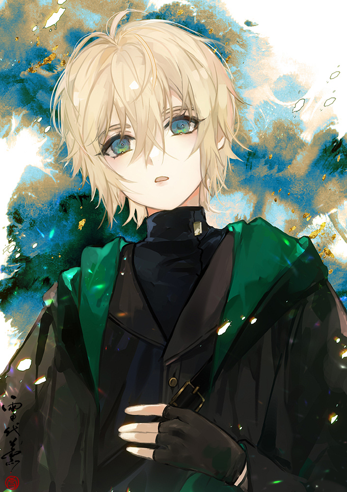 1boy aged_down alkaid_mcgrath belt_buckle black_coat black_gloves black_shirt black_vest blonde_hair blue_background buckle coat empty_eyes fingerless_gloves gloves green_eyes hair_between_eyes head_tilt hood hood_down hooded_coat long_sleeves looking_at_viewer lovebrush_chronicles male_focus open_clothes open_coat parted_lips school_uniform shirt short_hair shoulder_belt solo splatter_background turtleneck two-sided_coat two-sided_fabric upper_body vest white_background xuedaixun