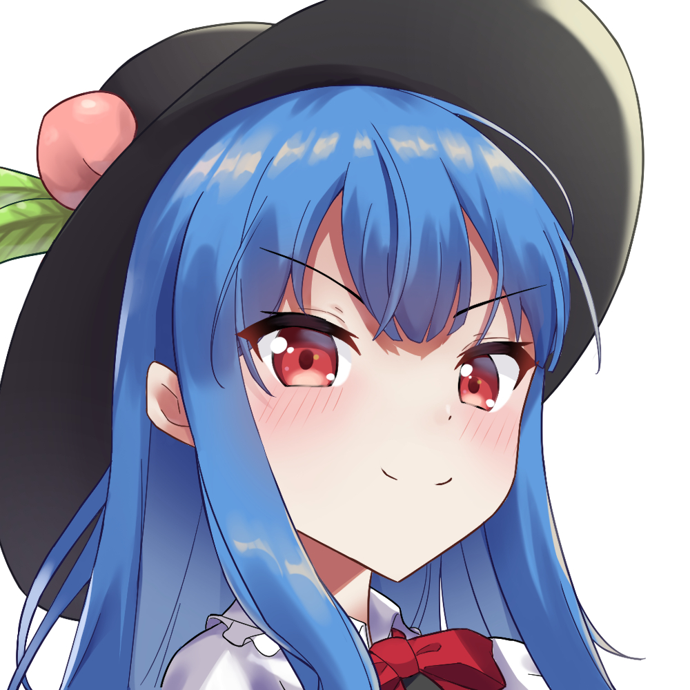 1girl ambasa black_hat blue_hair blush bow bowtie closed_mouth commentary_request food fruit fruit_hat_ornament hat hat_ornament hinanawi_tenshi leaf_hat_ornament long_hair looking_at_viewer peach peach_hat_ornament red_bow red_bowtie red_eyes smile solo touhou