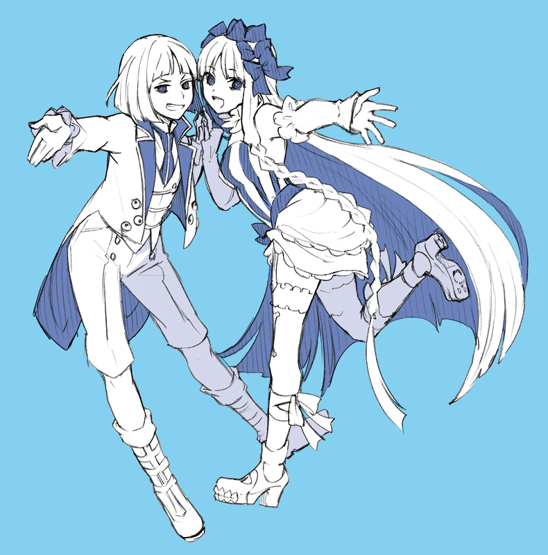 blue_background blue_theme blunt_bangs bow braid coat fate/strange_fake fate_(series) francesca_prelati_(fate) francois_prelati_(fate) grin hair_bow isshoku_(shiki) long_hair long_sleeves looking_at_viewer open_clothes open_coat open_mouth short_hair simple_background smile thighhighs very_long_hair vest