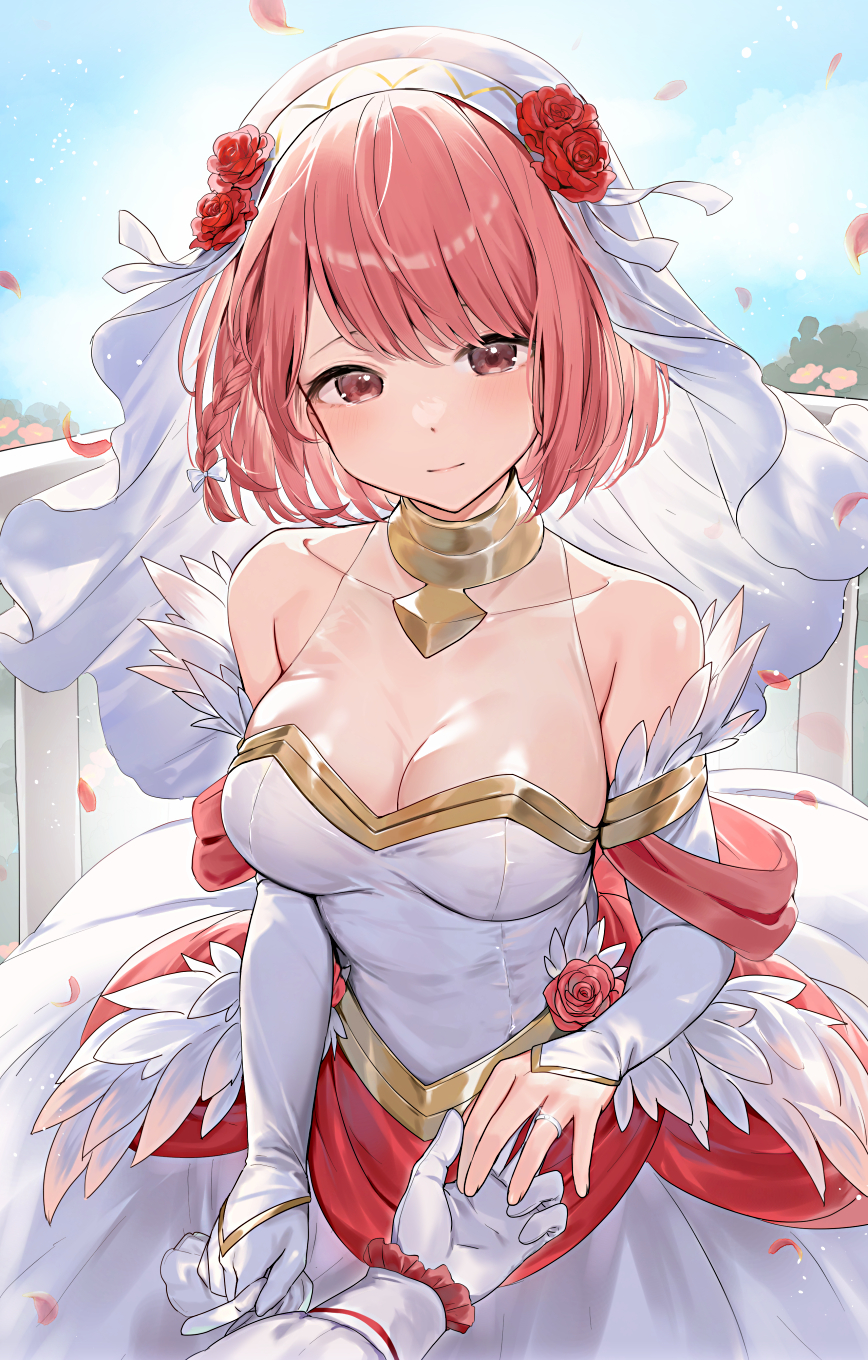 1girl 1other breasts bride cleavage closed_mouth commentary_request commission dress elbow_gloves fire_emblem fire_emblem_engage fire_emblem_heroes flower_hairband gloves hair_ribbon hairband happy_tears haru_(nakajou-28) highres jewelry lapis_(fire_emblem) large_breasts looking_at_viewer nintendo offical_alternate_costume pink_eyes pink_hair pov pov_hands ribbon ring short_hair solo_focus tears veil wedding_dress wedding_ring white_dress white_gloves white_hairband white_ribbon