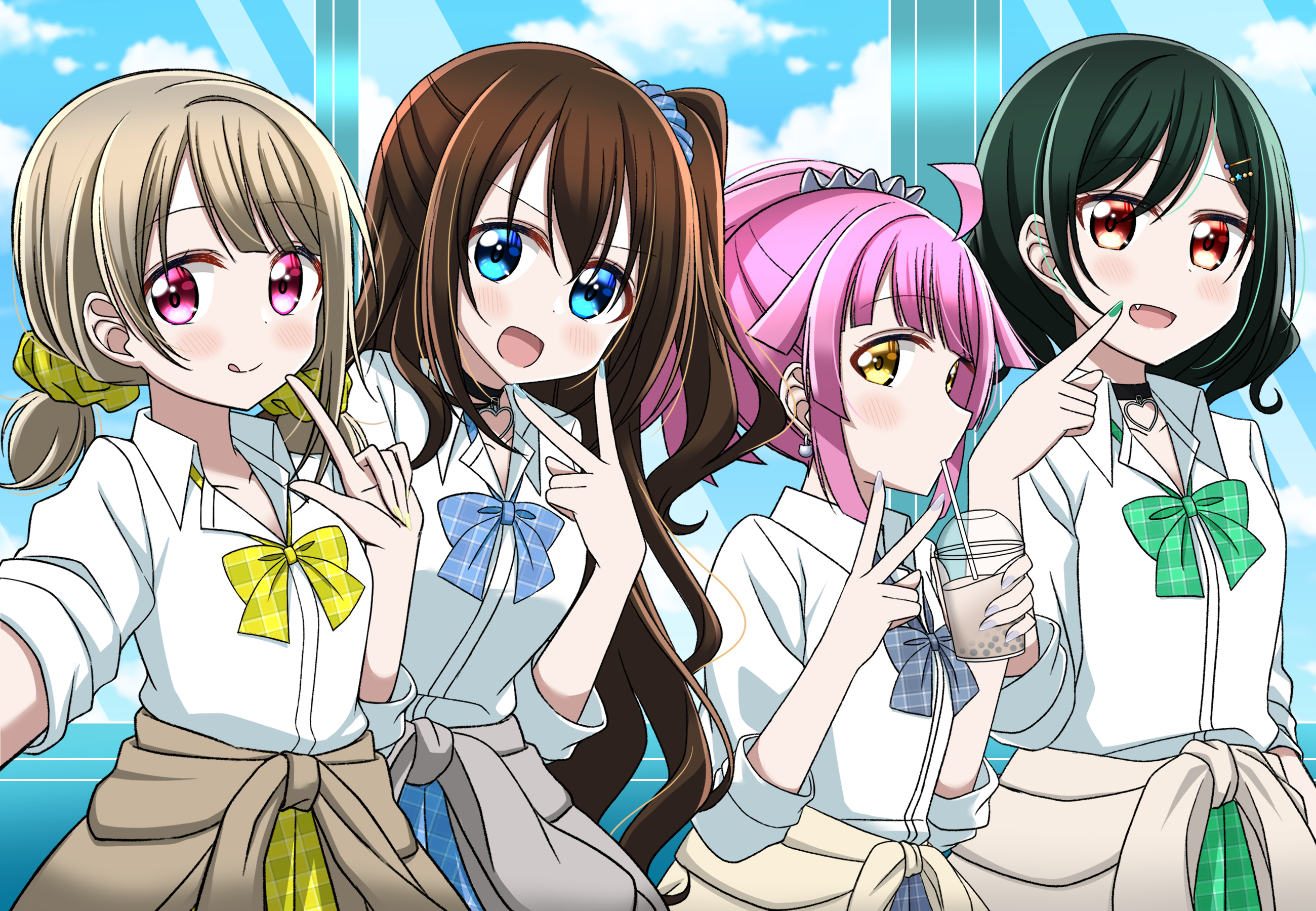 4girls :d :q ahoge black_choker blue_bow blue_bowtie blue_scrunchie blue_skirt blue_sky blush bow bowtie breasts brown_cardigan bubble_tea cardigan cardigan_around_waist choker closed_mouth clothes_around_waist cloud collarbone commentary_request cup day drinking drinking_straw drinking_straw_in_mouth fang finger_gun green_bow green_bowtie green_hair green_skirt grey_bow grey_bowtie grey_cardigan grey_skirt gyaru hair_ornament hair_scrunchie heart heart_choker highres holding holding_cup hot_heartlove index_finger_raised indoors inward_v kishimen_hair kogal looking_at_viewer loose_bowtie love_live! love_live!_nijigasaki_high_school_idol_club low_twintails medium_breasts medium_hair mifune_shioriko multiple_girls nakasu_kasumi official_alternate_costume open_mouth orange_eyes osaka_shizuku pink_hair plaid_bow plaid_bowtie plaid_clothes plaid_scrunchie plaid_skirt pleated_skirt ponytail profile scrunchie short_hair short_twintails sidelocks skirt sky small_breasts smile tennoji_rina tongue tongue_out twintails v window yellow_bow yellow_bowtie yellow_cardigan yellow_eyes yellow_scrunchie yellow_skirt