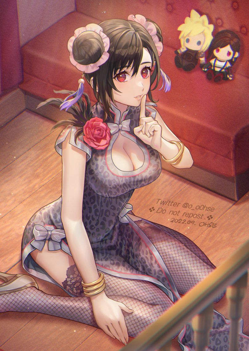 animal_print asymmetrical_bangs bangle black_hair bracelet breasts carriage china_dress chinese_clothes cleavage cleavage_cutout clothing_cutout cloud_strife double_bun dress final_fantasy final_fantasy_vii final_fantasy_vii_remake finger_to_mouth finger_to_own_chin fishnet_thighhighs fishnets flower grey_dress grey_footwear hair_bun hair_ornament high_heels jewelry kneeling large_breasts leopard_print looking_at_viewer ohse parted_lips pelvic_curtain pumps red_eyes red_flower red_rose rose short_sleeves shushing solo_focus square_enix stuffed_toy tassel tassel_hair_ornament thighhighs tifa_lockhart tifa_lockhart_(sporty_dress) twitter_username wall_market