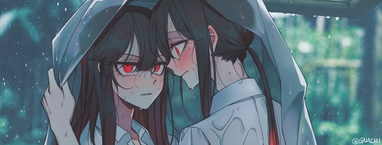 1boy 1girl black_hair blurry blurry_background blush brother_and_sister center-flap_bangs closed_mouth collared_shirt commentary_request contemporary covering_head fate/grand_order fate_(series) forehead-to-forehead hair_between_eyes hand_up heads_together hetero improvised_umbrella incest jacket_over_head korean_commentary lone_nape_hair long_hair looking_at_another looking_up low_ponytail nape oda_nobukatsu_(fate) oda_nobunaga_(fate) outdoors parted_lips ponytail rain raised_eyebrows red_eyes sempon_(doppio_note) shirt siblings sidelocks twitter_username v-shaped_eyebrows wet wet_clothes wet_face wet_hair white_shirt wide-eyed