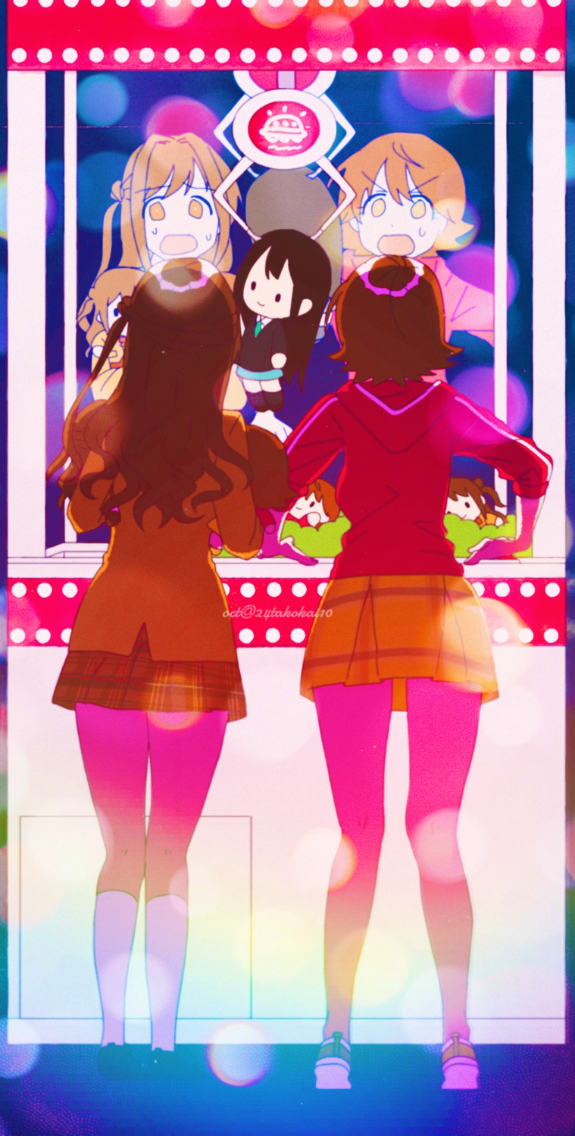 24takokai10 2girls :o bare_legs brown_hair character_doll commentary_request crane_game doll flipped_hair from_behind full_body highres honda_mio idolmaster idolmaster_cinderella_girls kneehighs long_hair looking_at_object miniskirt multiple_girls one_side_up plaid_clothes plaid_skirt school_uniform shibuya_rin shimamura_uzuki short_hair skirt socks sweatdrop very_long_hair white_socks