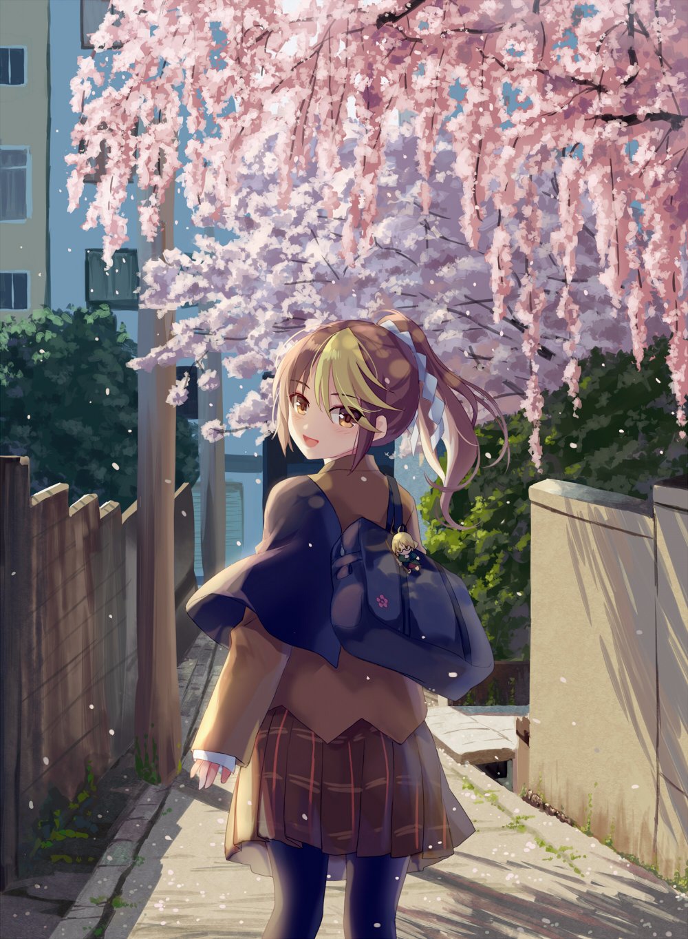 1girl akinomiya_asuka bag bag_charm blazer brown_eyes brown_hair charm_(object) cherry_blossoms highres jacket long_hair looking_back magahara_mitama magatsuji_hatsuna multicolored_hair original petals pleated_skirt ponytail riverbed_soul_saver school_bag school_uniform skirt smile solo spring_(season) touhou tree