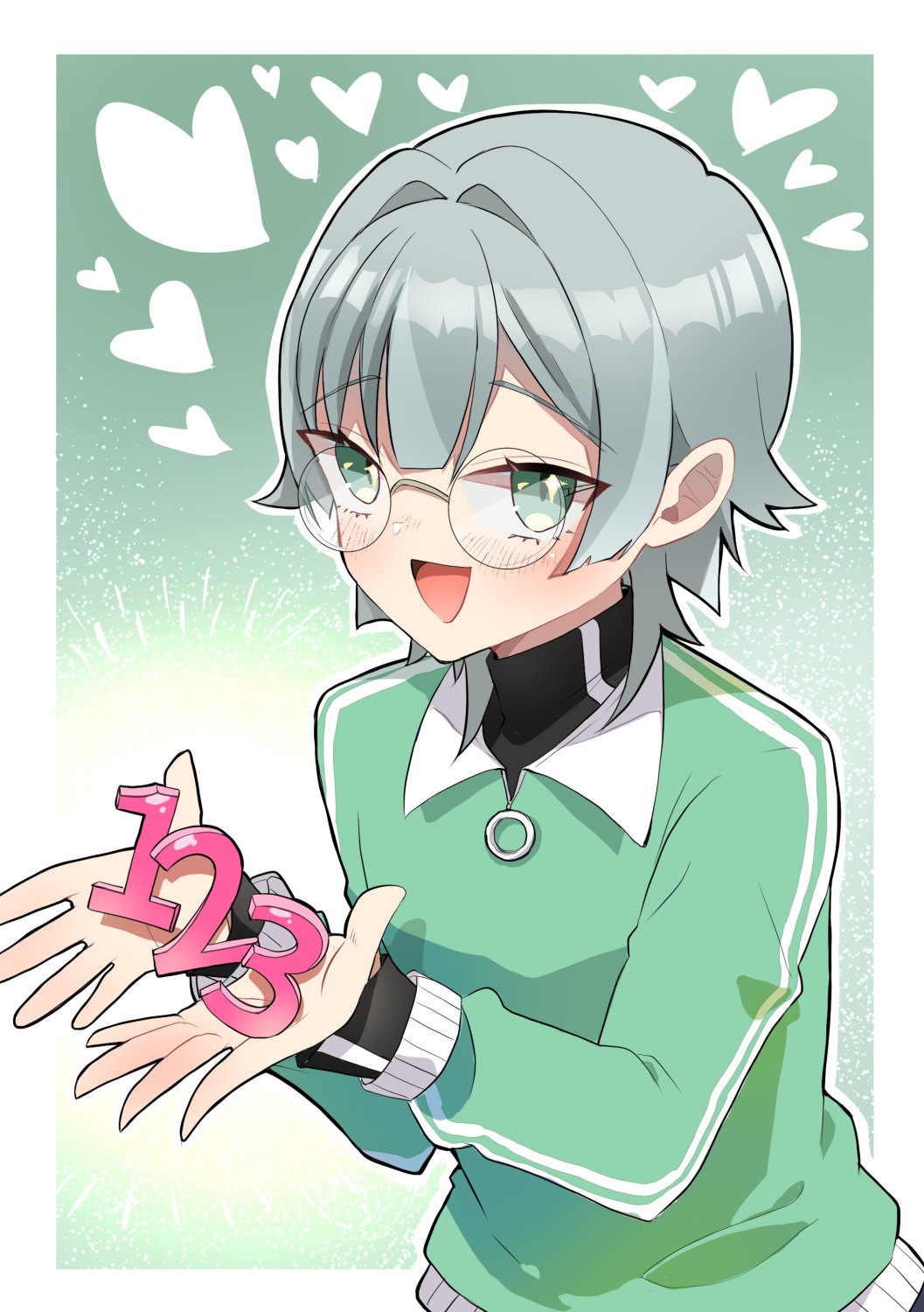 1girl black_track_suit blush chacha_kamimaru collar glasses grey_background grey_hair heart hifumi_suu highres kimi_no_koto_ga_dai_dai_dai_dai_daisuki_na_100-nin_no_kanojo long_sleeves open_hands open_mouth outline round_eyewear smile sweater track_suit white_collar white_outline