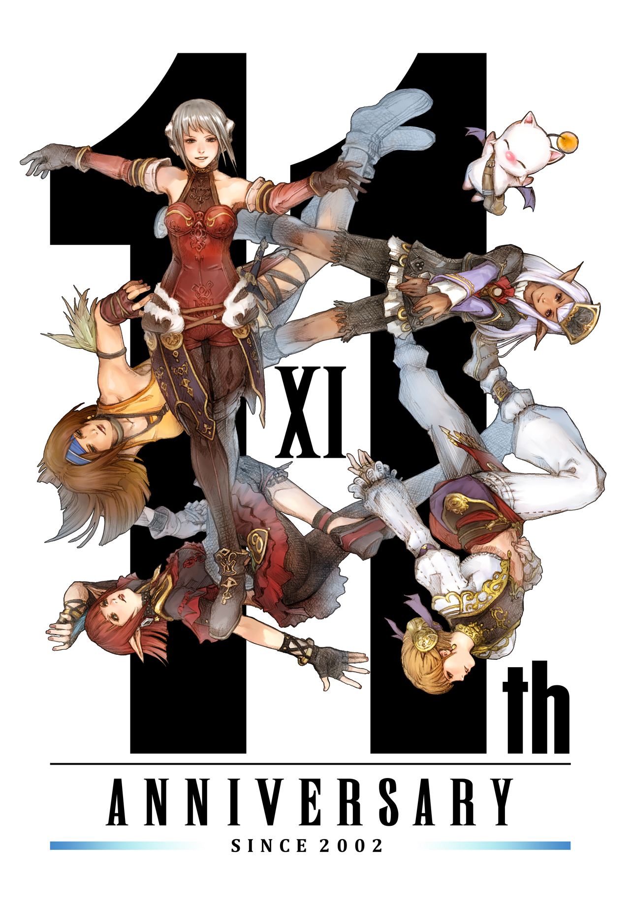 5girls afumau_(final_fantasy) anniversary arciela_v_adoulin bare_shoulders black_boots black_gloves black_pants black_pantyhose black_shorts blonde_hair blue_eyes blue_headband bodysuit boots bracelet breasts brown_hair capri_pants commentary cropped_jacket dancer_(final_fantasy) dark-skinned_female dark_skin detached_sleeves earmuffs earrings elf elvaan final_fantasy final_fantasy_xi fingerless_gloves gloves gold_bracelet gold_earrings gold_trim grey_hair headband highres hume jacket jewelry lilisette lion_(ff11) long_hair long_sleeves medium_breasts moogle multiple_girls naora_yusuke official_art open_clothes open_jacket pants pantyhose pointy_ears prishe purple_eyes purple_hair red_bodysuit red_hair red_sleeves second-party_source short_hair shorts simple_background smile star_(symbol) star_earrings thigh_boots white_background white_jacket white_pants