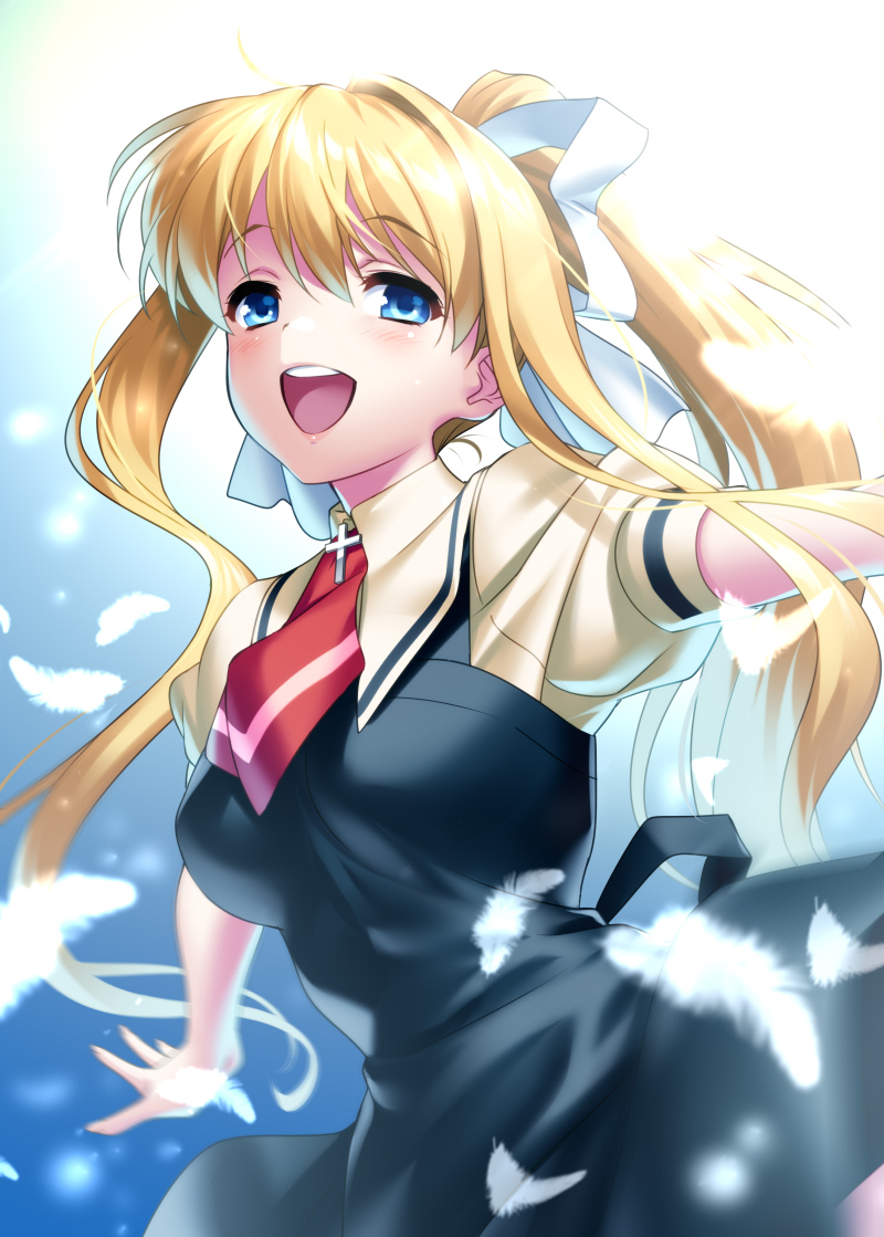 1girl air_(visual_novel) ascot black_dress blonde_hair blue_eyes commentary_request cowboy_shot dress feathers hair_ribbon kamio_misuzu long_hair open_mouth outstretched_arms ponytail red_ascot ribbon school_uniform shirt short_sleeves solo teeth upper_teeth_only yellow_shirt zen