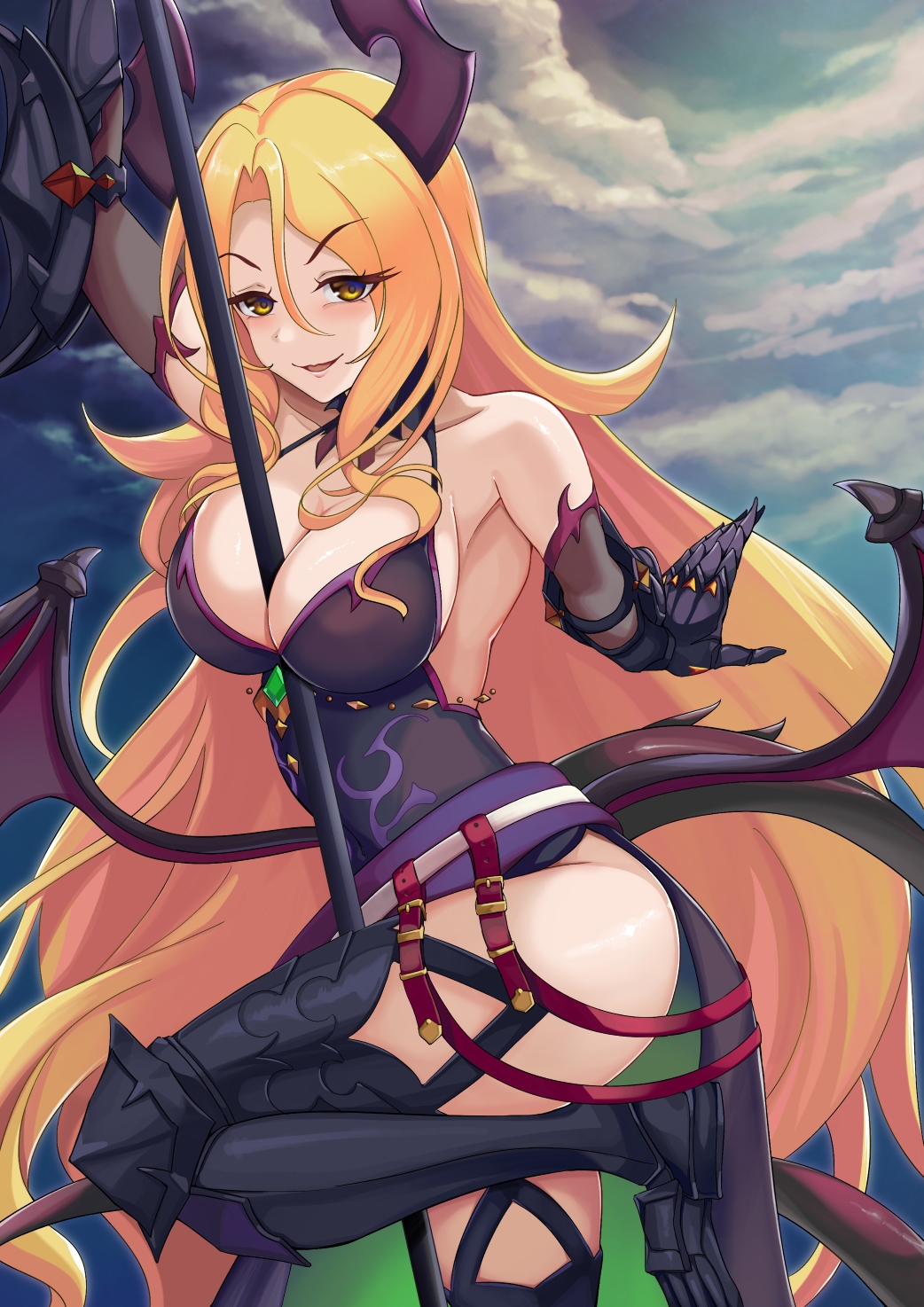 1girl arm_up between_breasts black_dress black_horns blonde_hair breasts christina_(alpha)_(princess_connect!) christina_(princess_connect!) cleavage demon_horns demon_wings dress gauntlets halterneck highres horns large_breasts looking_at_viewer low_wings mononoke_(pixiv53597254) pelvic_curtain princess_connect! solo standing standing_on_one_leg wings yellow_eyes
